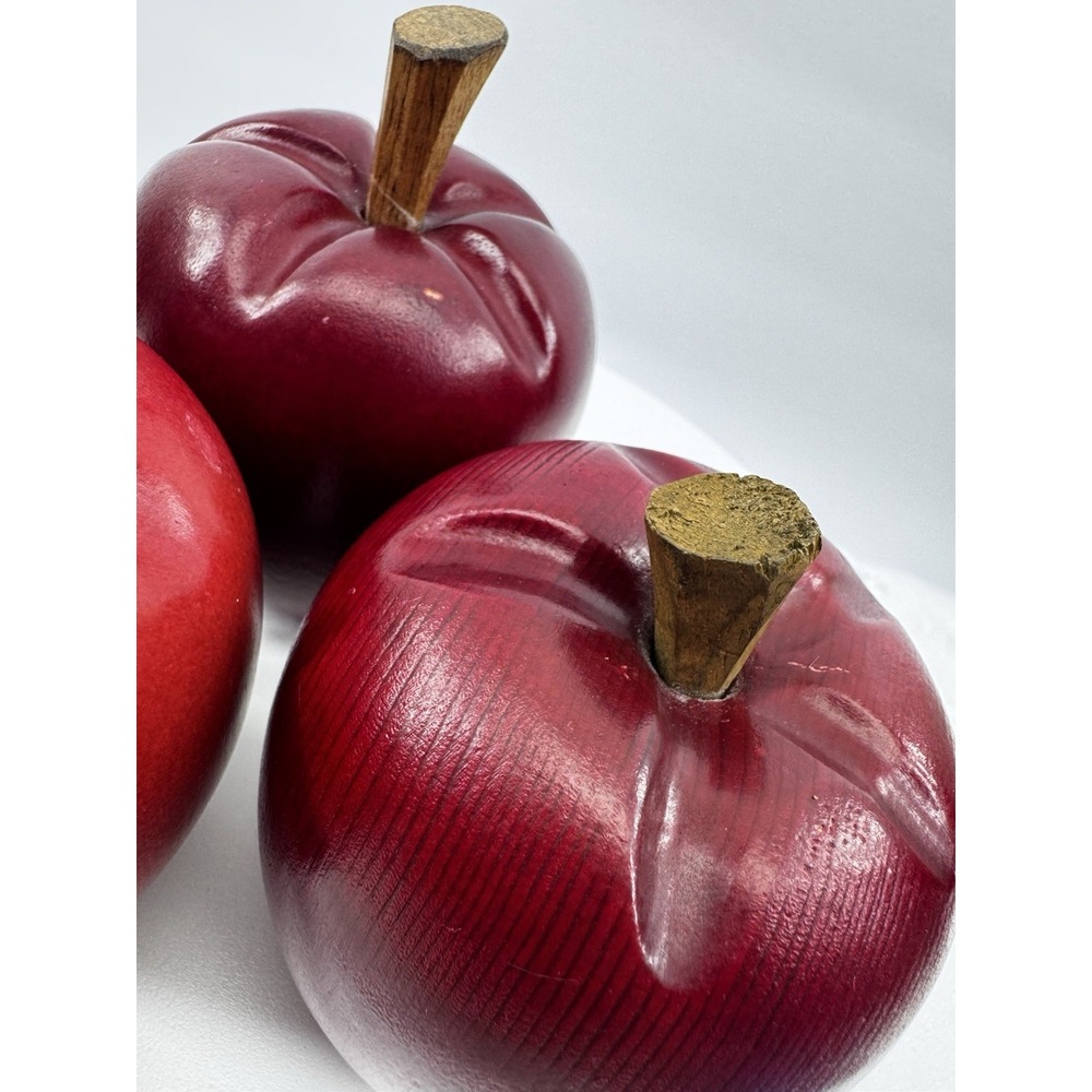 3 Faux Fruit Wood Wooden Red Apples Stems Realistic Farmhouse Decor Heavy - Picture 11 of 13